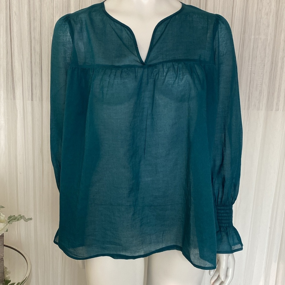 REDUCED!Oltre Teal Women's Blouse Sheer V-Neckline! Smocked elastic cuffs Size M
